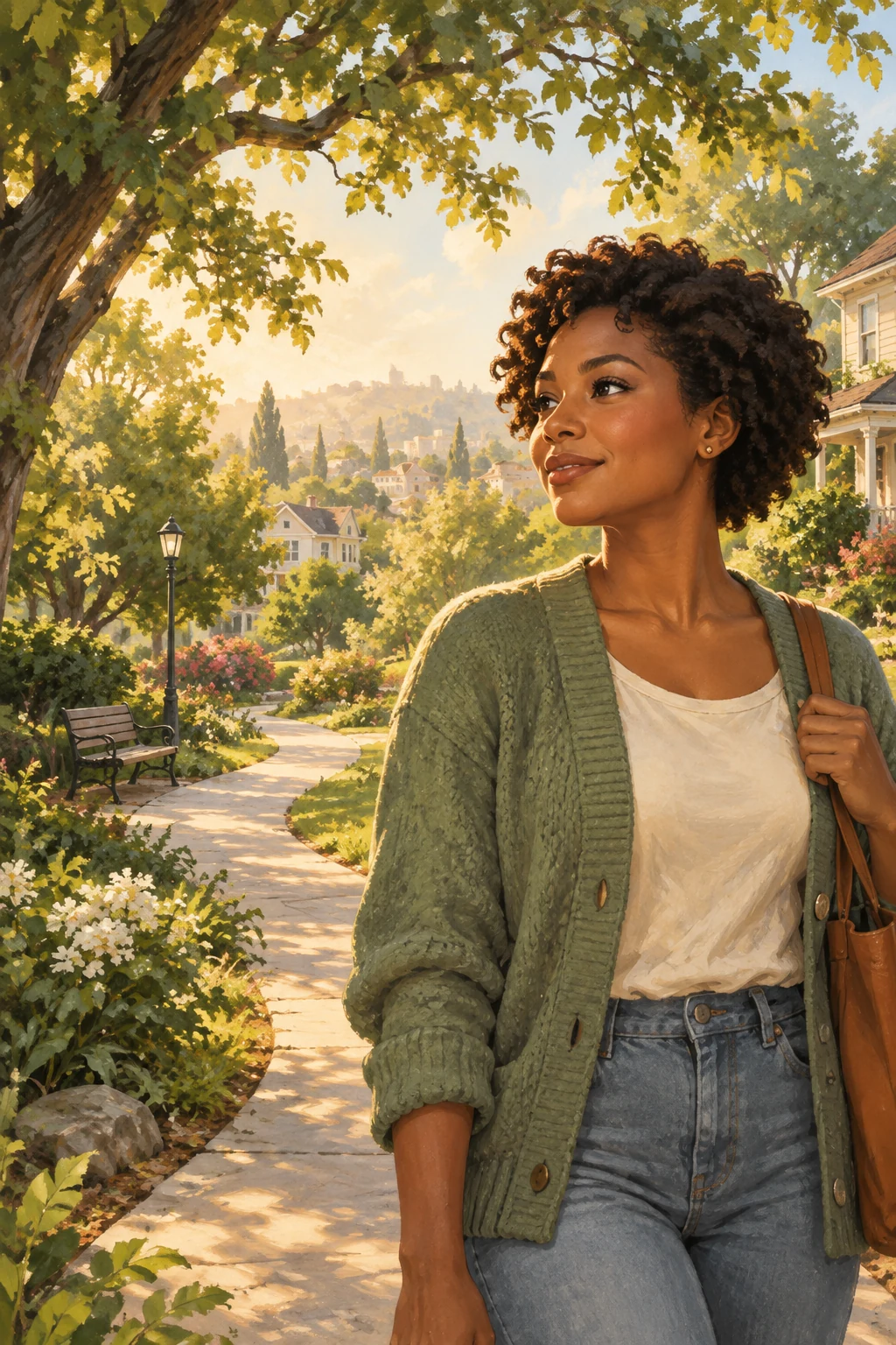 Nia, wearing a green cardigan, looks toward a sunlit path through trees.